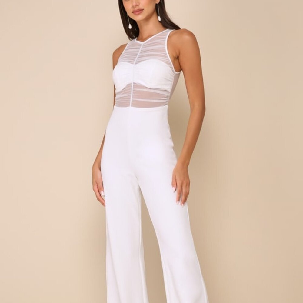 Lulus Sultry Charisma White Mesh Ruched Sleeveless Wide Leg Jumpsuit - Size L - Picture 2 of 5
